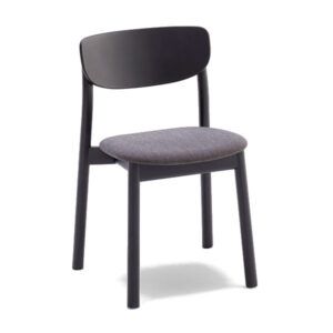 Zelda side chair with black wooden 4-legged frame and grey upholstered seat shown from a front three-quarter angle.