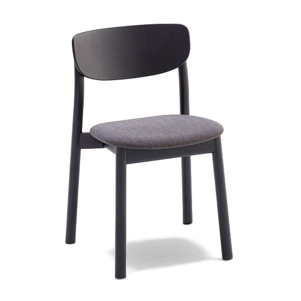 Zelda side chair with black wooden 4-legged frame and grey upholstered seat shown from a front three-quarter angle.