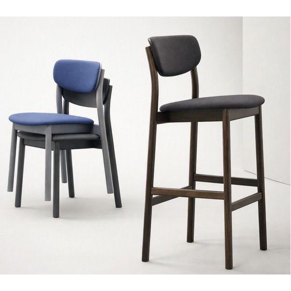 A tall Zelda bar stool with a dark timber frame beside a stacked group of blue and grey Zelda side chairs.