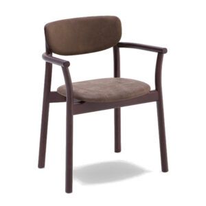 Zelda U armchair with dark wooden frame and brown upholstered seat and back, shown from a front three-quarter angle.