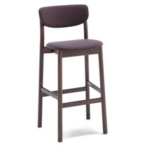 Zelda W barstool with dark wood frame and upholstered seat and back, shown from a three-quarter angle on white.