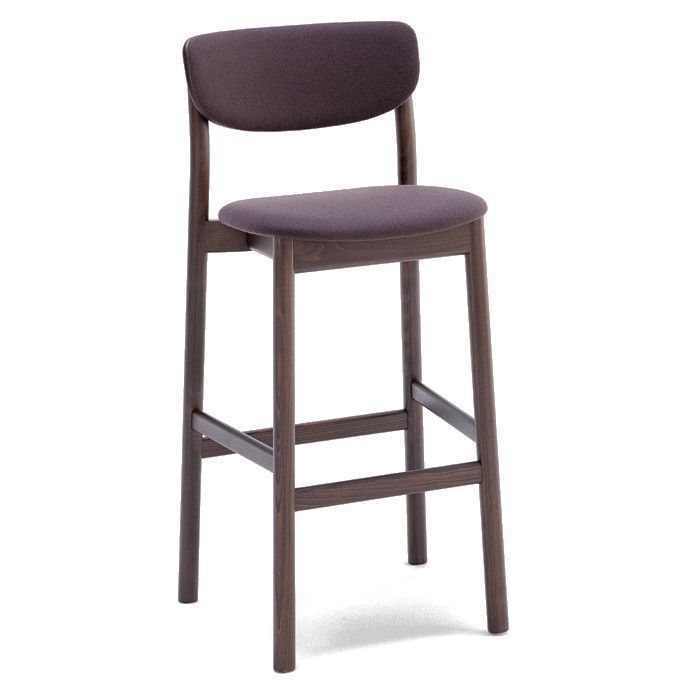 Zelda W barstool with dark wood frame and upholstered seat and back, shown from a three-quarter angle on white.