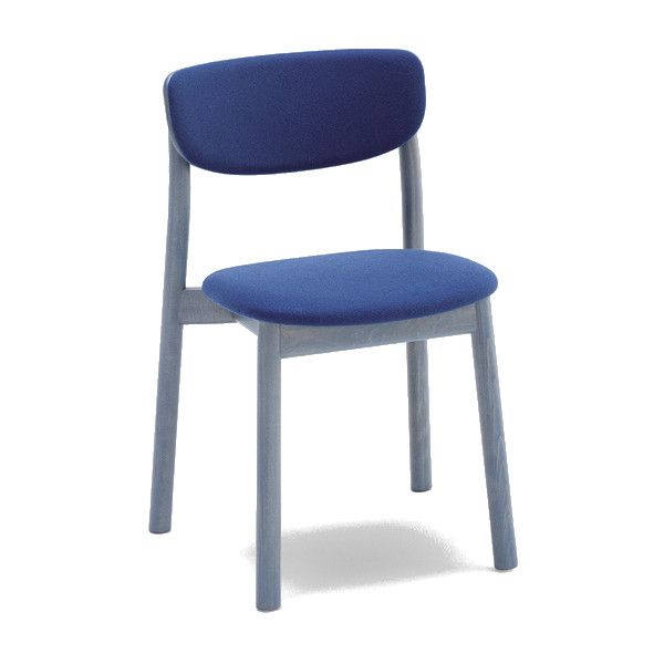 Zelda U side chair with a grey wooden frame and blue upholstered seat and back, shown from a front three-quarter view.