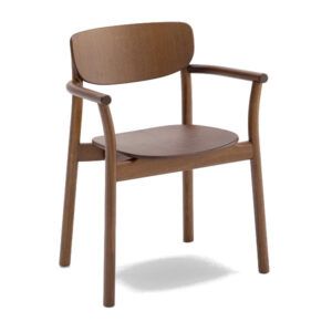 Zelda W Armchair in dark wood finish, featuring a sleek, stackable frame and curved backrest, isolated on white.