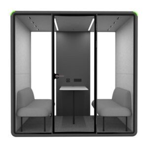 Zum medium pod with black metal frame, grey felt interior, two seats, table, and LED ceiling lights.