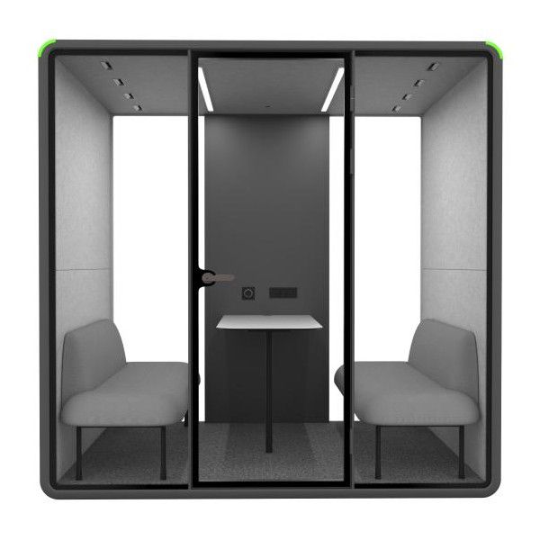 Zum medium pod with black metal frame, grey felt interior, two seats, table, and LED ceiling lights.
