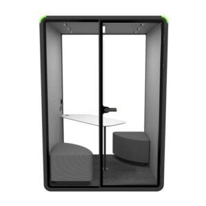 Zum Small Pod with black metal frame, glass door, grey acoustic interior, table, and seating for office focus.