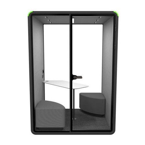 Zum Small Pod with black metal frame, glass door, grey acoustic interior, table, and seating for office focus.