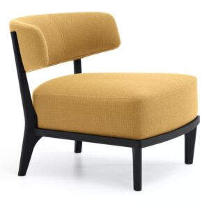 Tizziana Lounge Chair in mustard yellow upholstery with black wooden frame, angled side view.