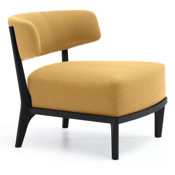 Tizziana Lounge Chair in mustard yellow upholstery with black wooden frame, angled side view.