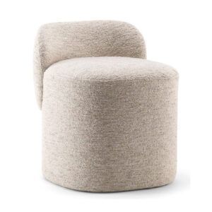 Amina Pouf in beige bouclé fabric, cylindrical seat with curved wraparound backrest, angled front view