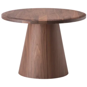 Artur Coffee Table: round walnut wood top on tapered conical pedestal base, modern minimalist design.