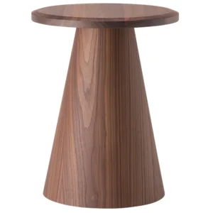 Artur Coffee Table in walnut wood with round top and conical pedestal base, shown front view on white background