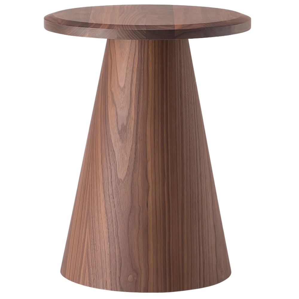 Artur Coffee Table in walnut wood with round top and conical pedestal base, shown front view on white background