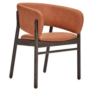 Camille S armchair rear view, tan upholstered curved back and seat on dark wooden four-legged frame