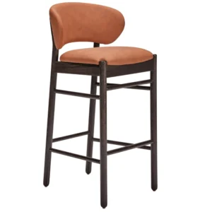 Camille S barstool with tan upholstered seat and curved backrest on a dark wooden four-legged frame, angled view