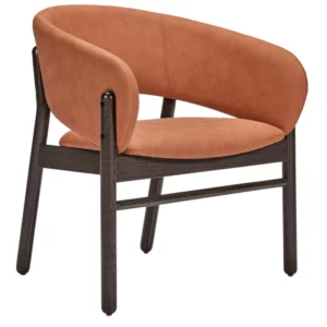 Camille S Lounge Chair with tan upholstered curved seat and backrest on a dark wooden four-legged frame, angled rear view