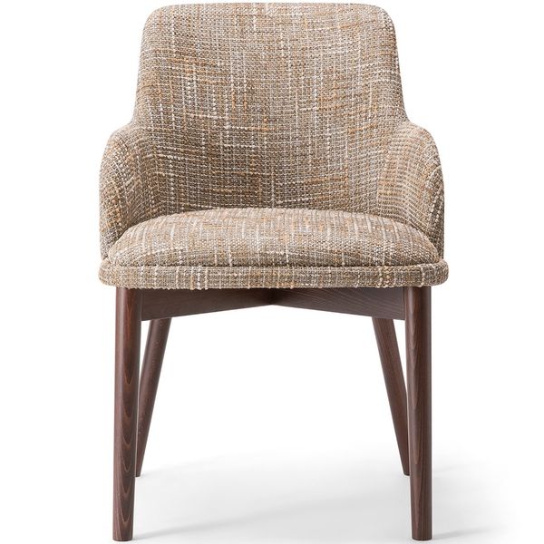Front view of Celine Armchair with woven beige upholstery and four dark wooden legs