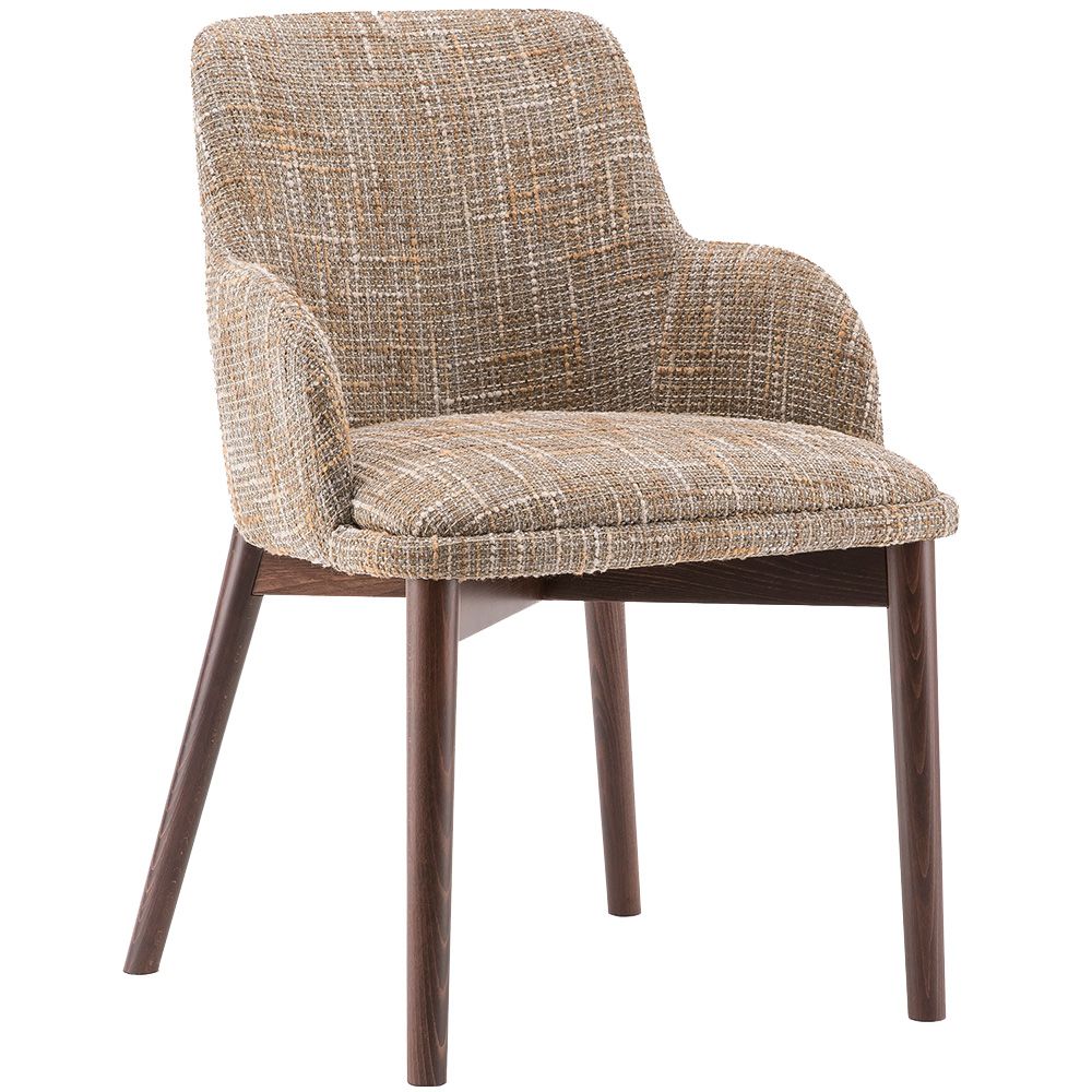 Celine Armchair in beige plaid upholstery with curved back and dark wooden legs, angled three-quarter view