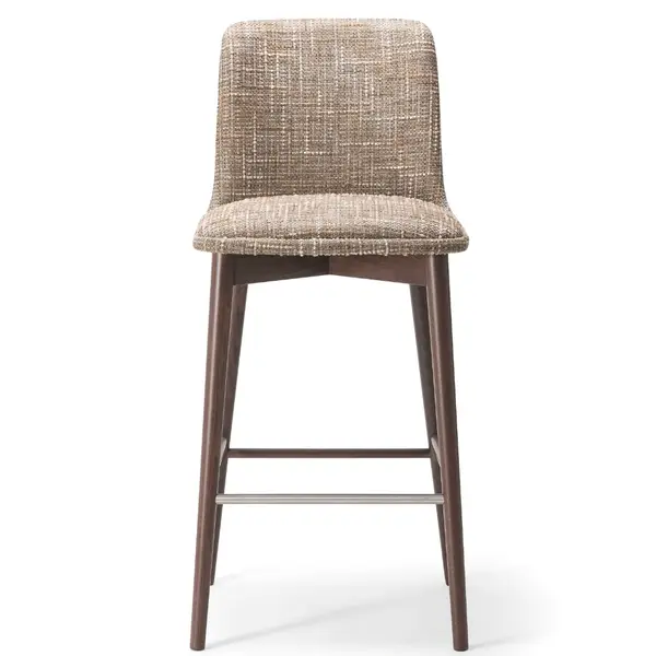 Straight-on view of the Celine Barstool, displaying its woven taupe seat and backrest atop a dark wooden frame.