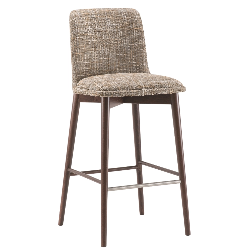Celine Barstool in beige textured upholstery with a dark wooden four-legged frame and footrest, shown from a front angle.