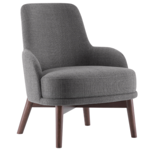 Celine Lounge Chair in grey upholstery with curved back, cushioned arms and four wooden legs, angled side view