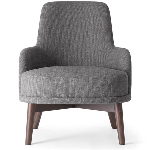 Front-facing Celine Lounge Chair in grey fabric with wide rounded seat, curved back and wooden legs