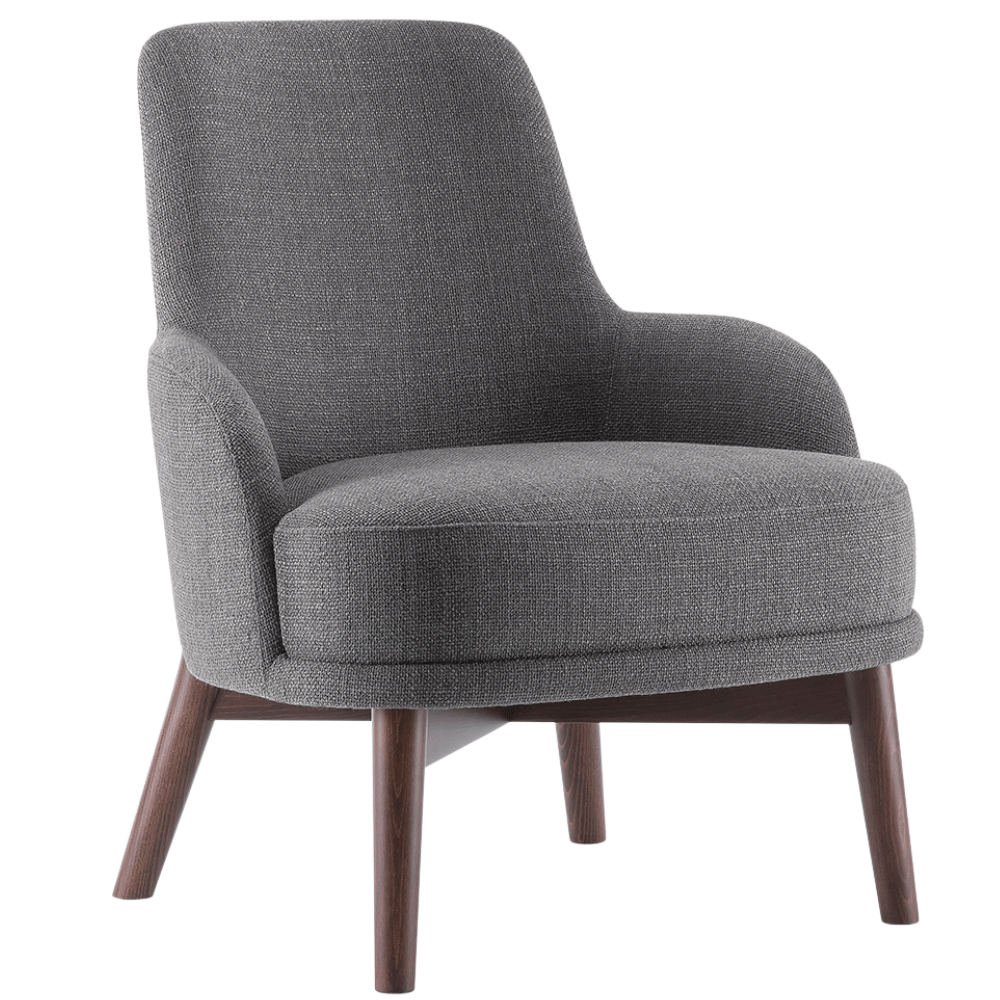Celine Lounge Chair in grey upholstery with curved back, cushioned arms and four wooden legs, angled side view