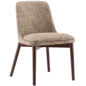 Celine Side Chair in beige textured upholstery with dark wooden four-legged frame, angled front view