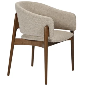 Grace Armchair in beige bouclé upholstery with curved backrest and dark wooden frame, shown from rear angle