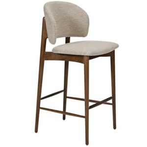 Grace Barstool with beige upholstered seat and curved backrest on a dark wooden four-legged frame, angled side view.