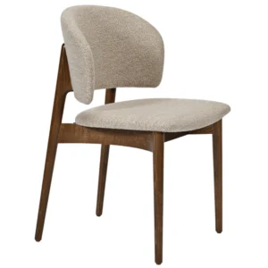 Grace Side Chair in beige bouclé upholstery with curved backrest and solid wood legs, shown at an angled side view.