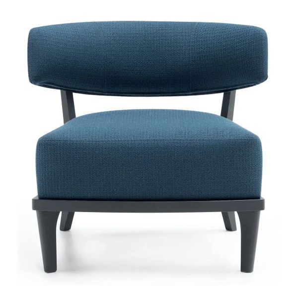 Tizziana Lounge Chair front view in blue upholstery with dark wooden frame, rounded seat and backrest.