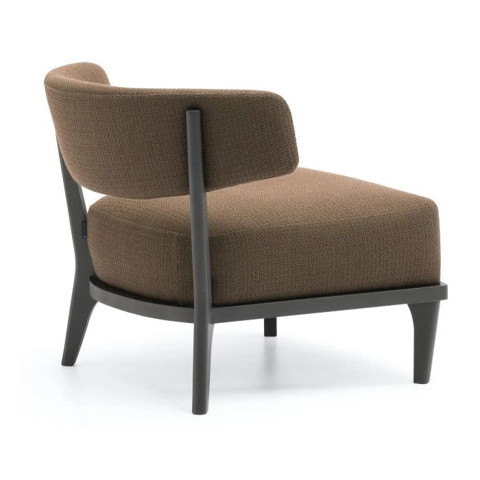 Tizziana Lounge Chair in brown upholstery, rear three-quarter view highlighting the dark wooden frame and curved backrest.