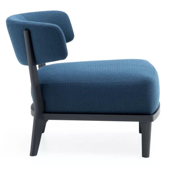 Side profile of the Tizziana Lounge Chair in blue fabric, showcasing its dark wood frame and thick cushioned seat.